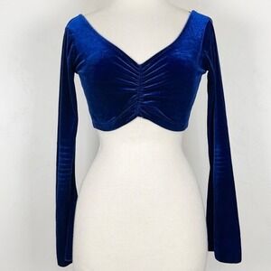 Womens Celestial Whimsigoth Witchy Crop Top Sz S Ruching Bell Sleeve Blue Velvet